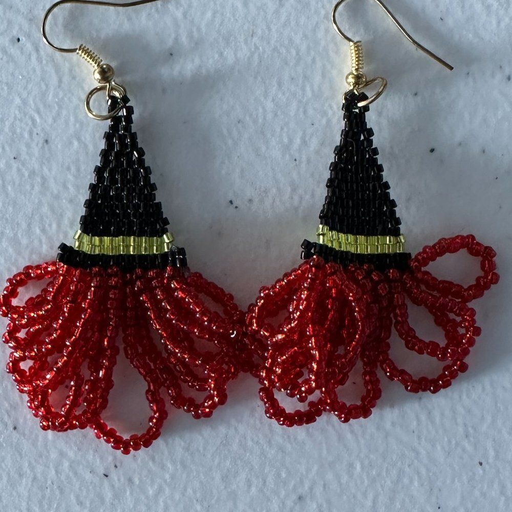Hand Beaded Witches Hat Dangle Earrings w/ Red Hair Halloween Costume Jewelry